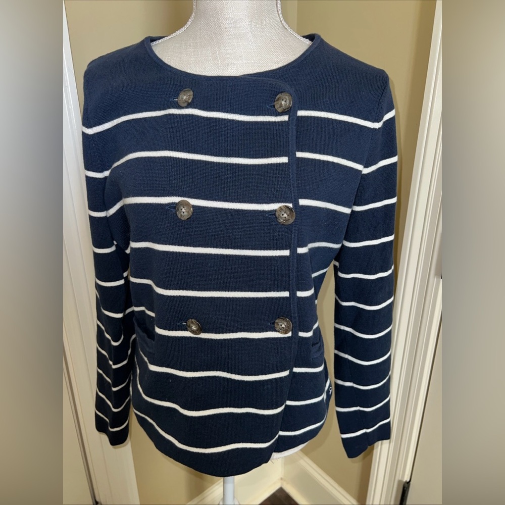 Vineyard Vines Dockside Cardigan Double Breasted Navy White Striped Medium